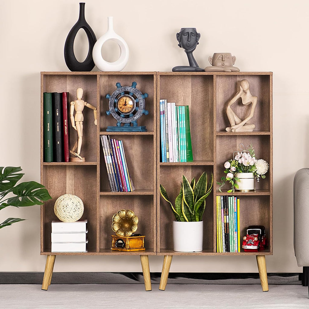 5 Cube Small Bookshelf,3 Tier Mid-Century Modern Bookcase with Legs,Wood Kids Bookshelves Storage Organizer Shelf,Free Standing Narrow Book Shelves,Oak Grey Corner Bookcases for Bedroom,Living Room