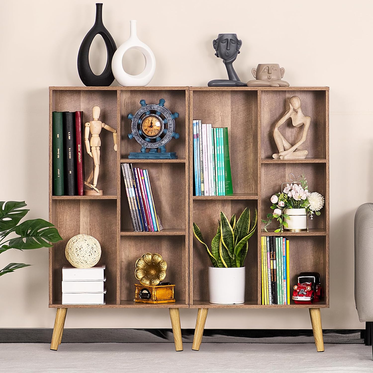 5 Cube Small Bookshelf,3 Tier Mid-Century Modern Bookcase with Legs,Wood Kids Bookshelves Storage Organizer Shelf,Free Standing Narrow Book Shelves,Oak Grey Corner Bookcases for Bedroom,Living Room