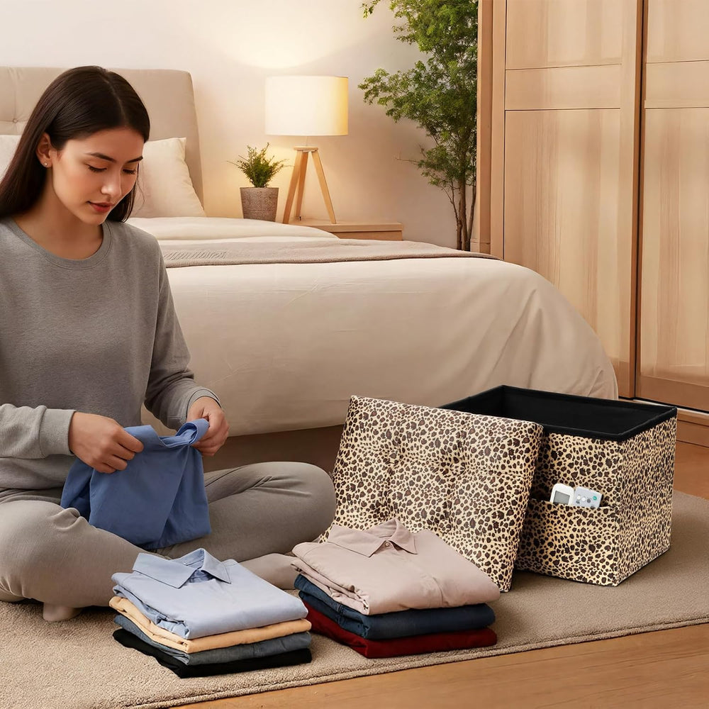 AmasSmile Storage Ottoman Folding Foot Rest Stool with Side Pocket, 17 inch V...