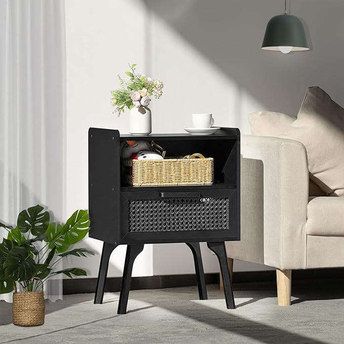 Lerliuo Rattan Nightstands Set of 2, Boho Side Table with Drawer Open Shelf, ...