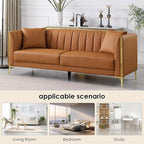 FOTOSOK Leather Couch Sofa, Office Couches 78'' Apartment Faux Leather Sofa with 2 Throw Pillows & Gold Metal Legs, Waterproof 3 Seater Couches for Small Living Room, Affordable Luxury Design