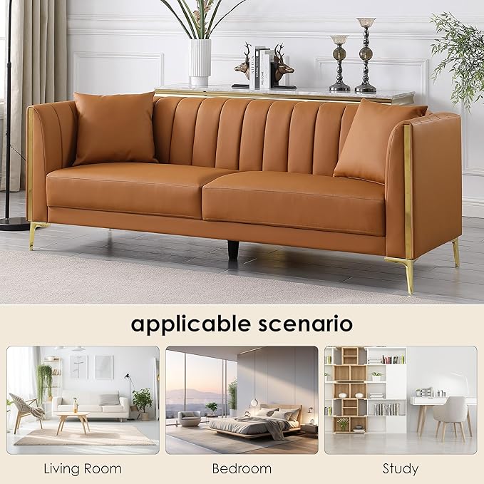 FOTOSOK Leather Couch Sofa, Office Couches 78'' Apartment Faux Leather Sofa with 2 Throw Pillows & Gold Metal Legs, Waterproof 3 Seater Couches for Small Living Room, Affordable Luxury Design