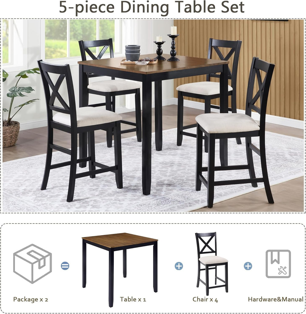 KEIKI 5-Piece Standard Height Dining Table Set with Square Table and 4 X-Shap...