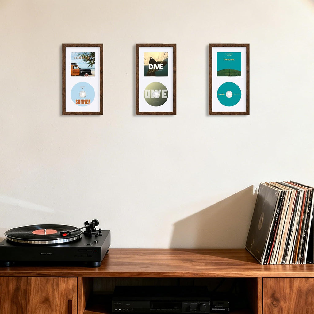 eletecpro CD Frame, 6.7x12.2 Wall Display, Rustic Brown, Pack of 1 | Booklet and Album Space, 2 Double-Sided Mats, Acrylic Cover, Pre-Attached Hangers, Horizontal and Vertical Mount