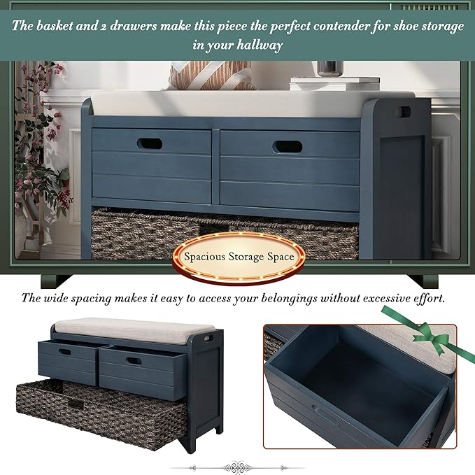 Merax Classic Wood Shoe Storage Bench with 2 Drawers, Large Rattan Basket and Seat Cushion for Entryway Hallway Front Door Navy