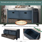 Merax Classic Wood Shoe Storage Bench with 2 Drawers, Large Rattan Basket and Seat Cushion for Entryway Hallway Front Door Navy