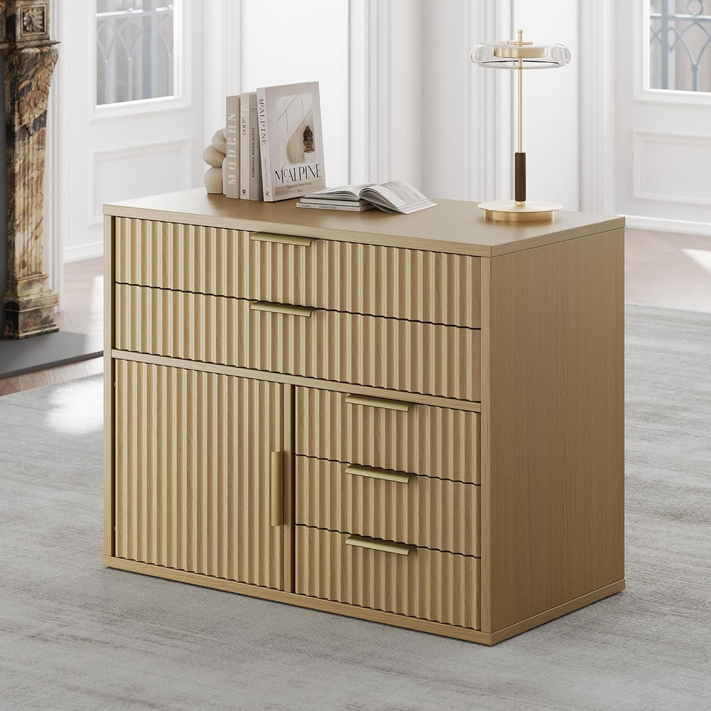 Fluted File Cabinet with 5 Drawers, Large Storage with Cabinet Door, Mobile F...