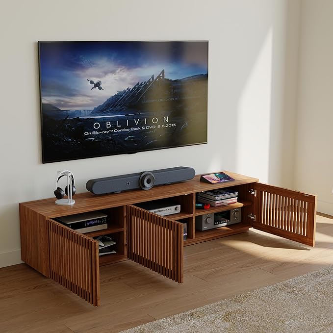 POVISON Mid Century Modern Wood Slatted TV Stand with LED Lights, Media Console for 70+ Inch TV, Entertainment Center with Storage Cabinet for Living Room, Fully-Assembled (Dark Wood, 70.87")