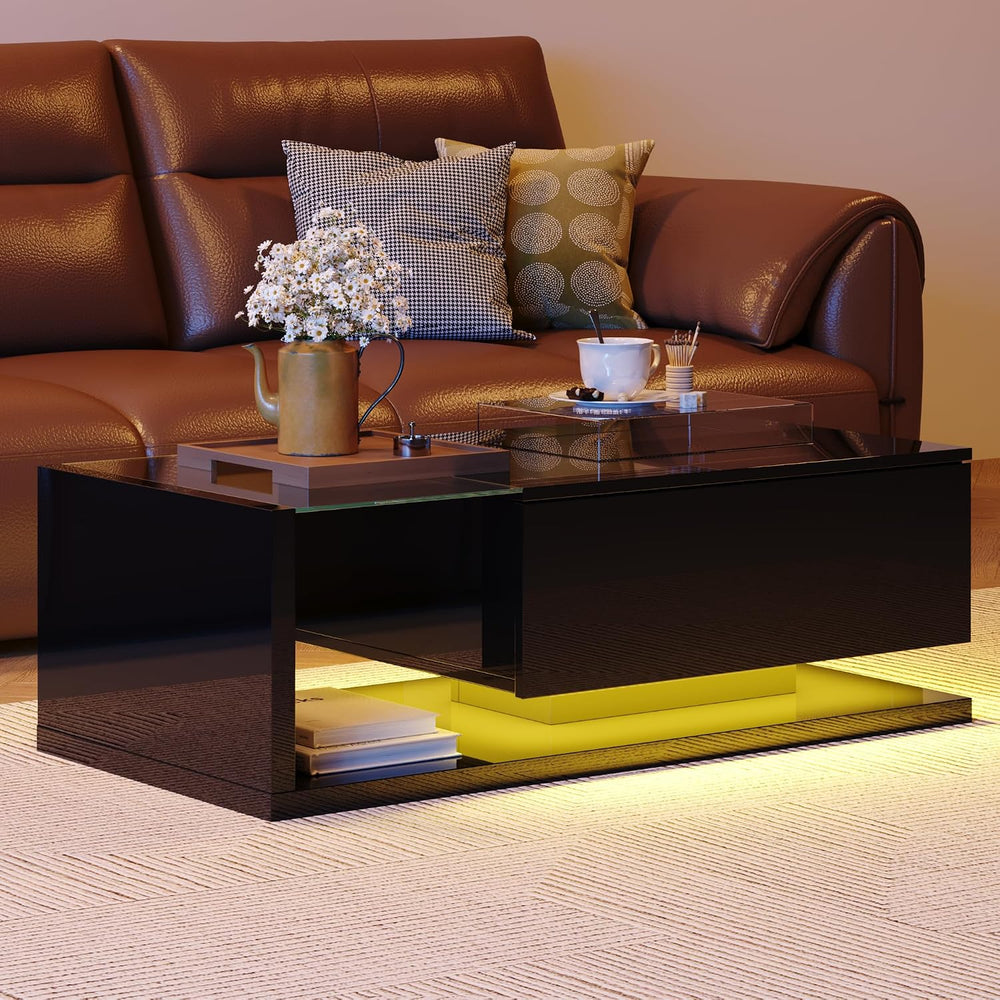 holzart Compact Low-Profile Coffee Table with LED Lights & Storage, 39.4&...
