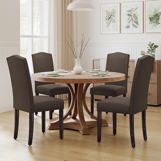 LSSPAID Dining Chairs Set of 4, Modern Comfy Linen Upholstered Parsons Dining Room Chairs with Bronze Nail Head Trim and Brushed Solid Wood Legs, Coffee