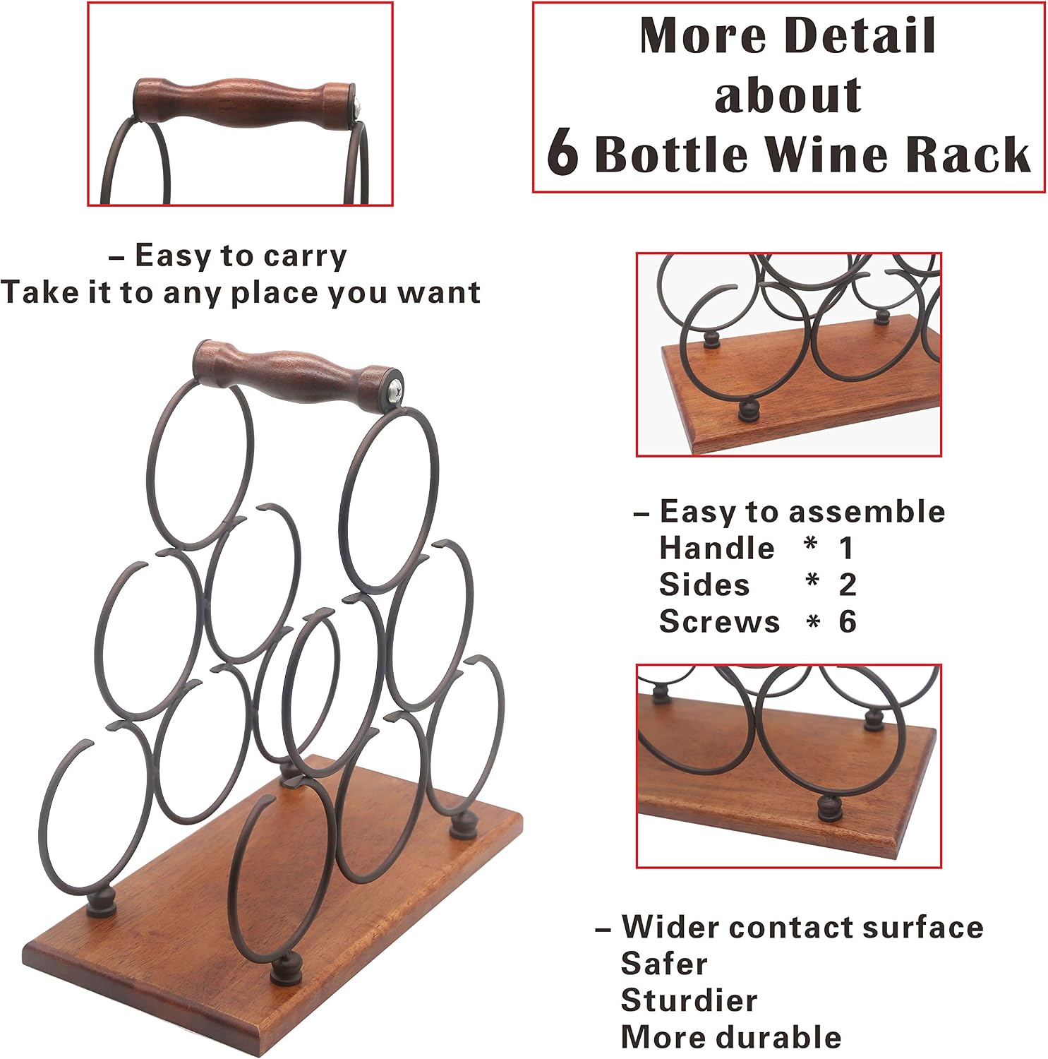 ALLCENER Countertop Wine Rack, Tabletop 6 Bottles Wood Wine Holder, Sturdy Handle, 3-Tier Rustic Classic Design, Simple Assembly, Wood & Metal (Copper)