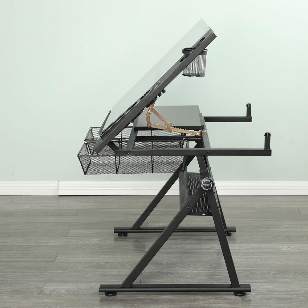 Adjustable Glass-Top Drafting Table with Storage, Black | Adjustable Glass-To...