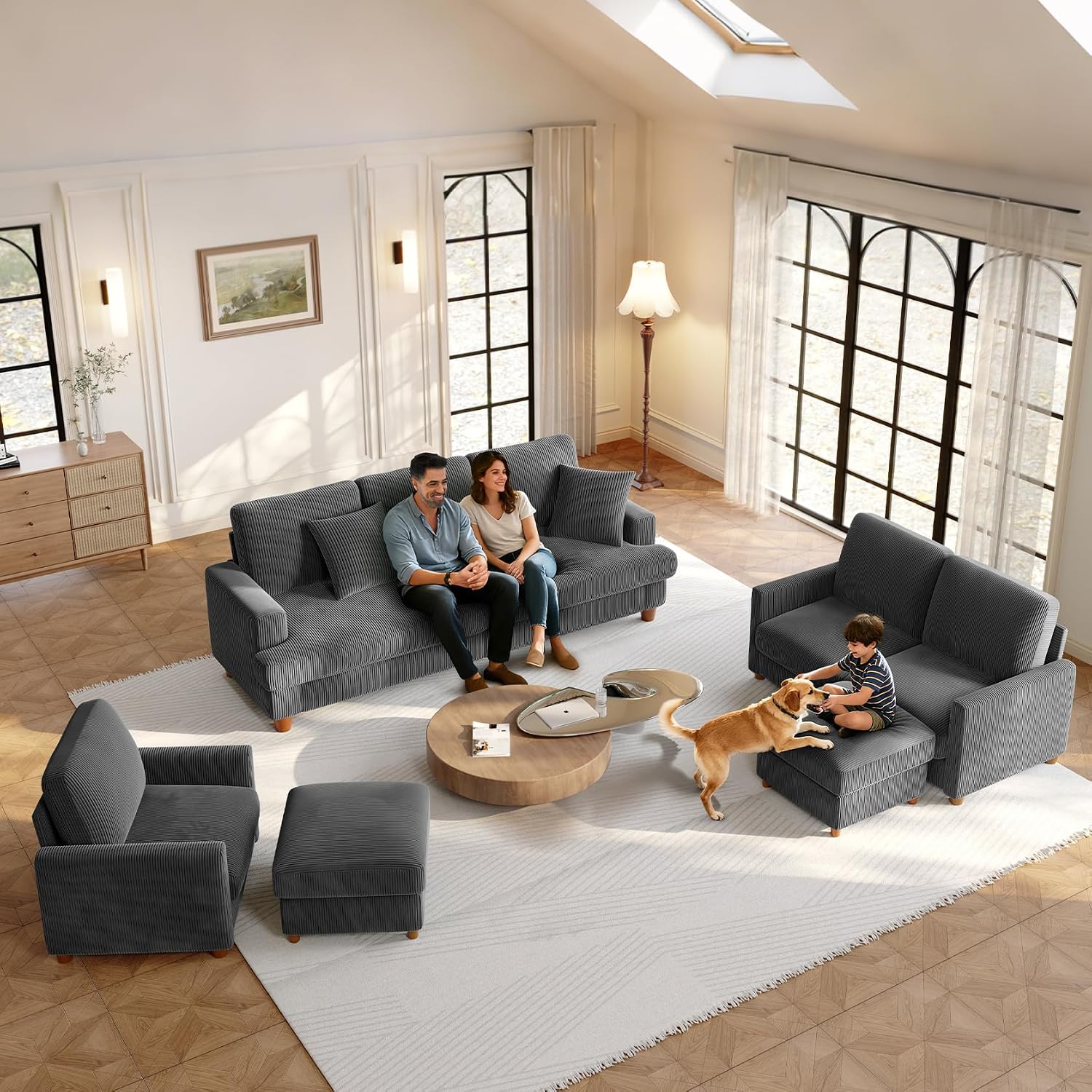 Welzona 70.2" Couches for Living Room, Comfy L Shaped Couch Grey 7.1" Thicker Cushion, Sofas for Living Room Tool-Free Setup, Loveseat with Ottoman 705lbs Support, Corduroy Couch for Bedroom, Office