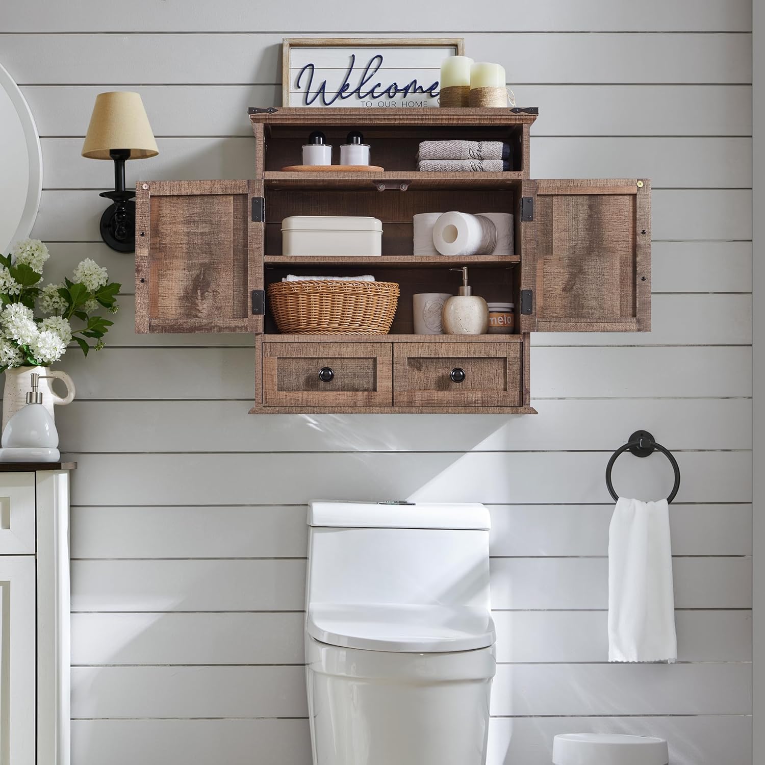 ACCOHOHO Bathroom Wall Cabinet, Farmhouse 24" Wide Medicine Cabinet with Drawer, Adjustable Shelf, Double Barn Doors, Storage Cabinets for Bathroom, Kitchen, Living Room, Rustic Brown