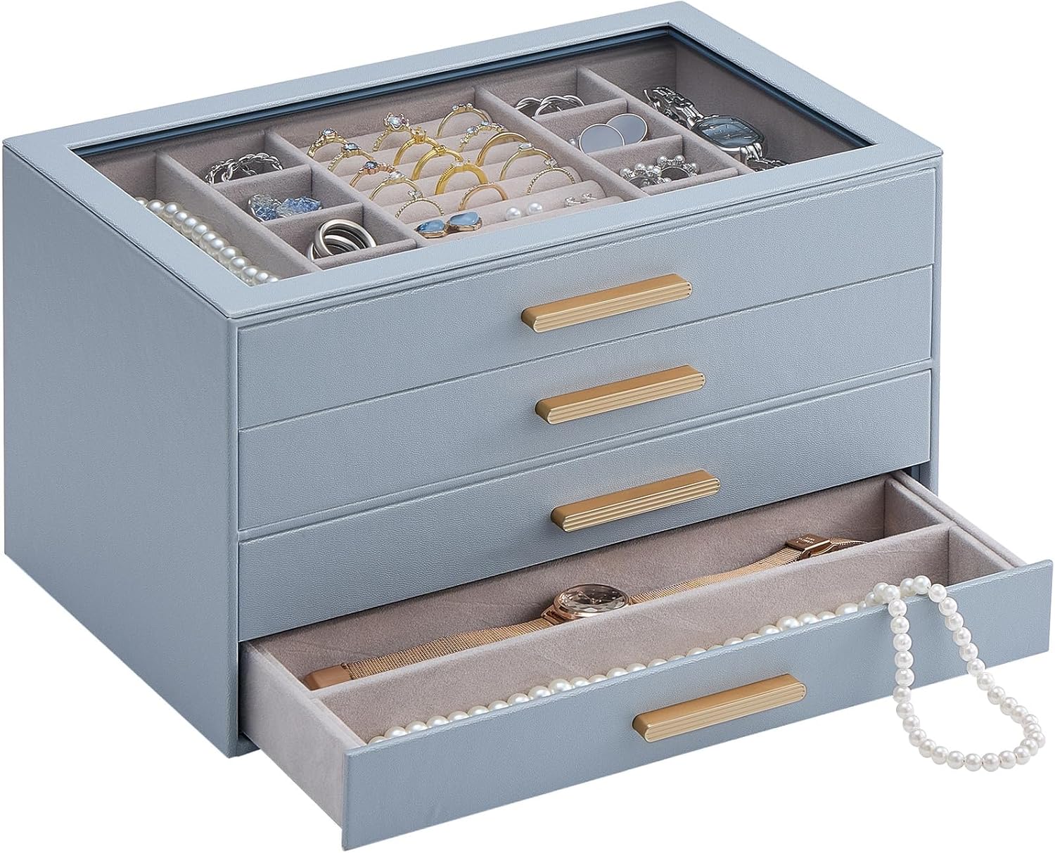 Lolalet Jewelry Box Organizer, 4-Layer Jewelry Organizers and Storage Case with Glass Lid, Ring Earring Bracelet Necklace Holder Organizer, Birthday Christmas Gifts for Women Girls -4Layer, HazeBlue