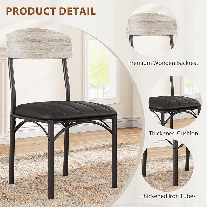Dining Chairs Set of 4 - Upholstered Dining Room Chairs with PU Leather, Industrial Kitchen Chairs with Wooden Backrest and Thickened Metal Legs, for Dining Room, Living Room（Gray）