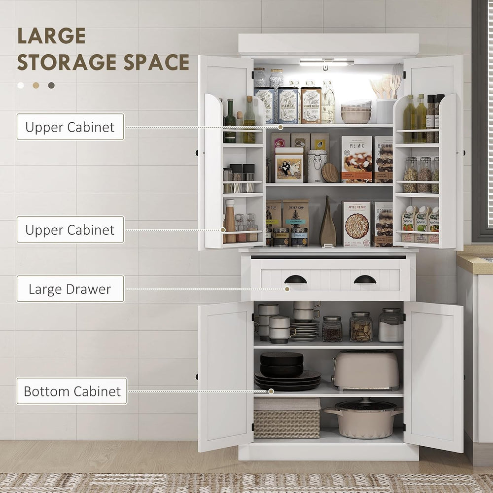 HOMCOM 71" Kitchen Pantry Cabinet LED Motion Sensor Light Drawer White |...