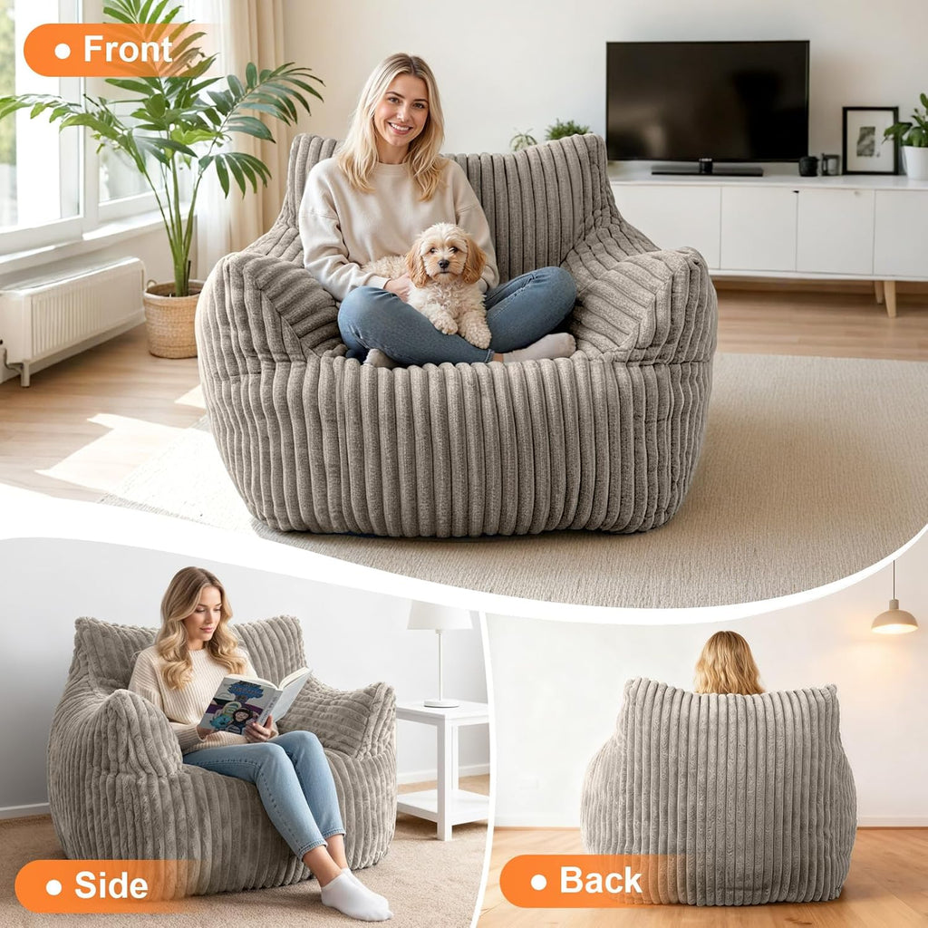 Giant Bean Bag Chair with Ottoman, Oversized Memory Foam Bean Bag Sofa for Adults and Kids, Large Comfy Fluffy Single Lounges Mini Couch for Living Room, Bedroom & Dorm(Taupe)