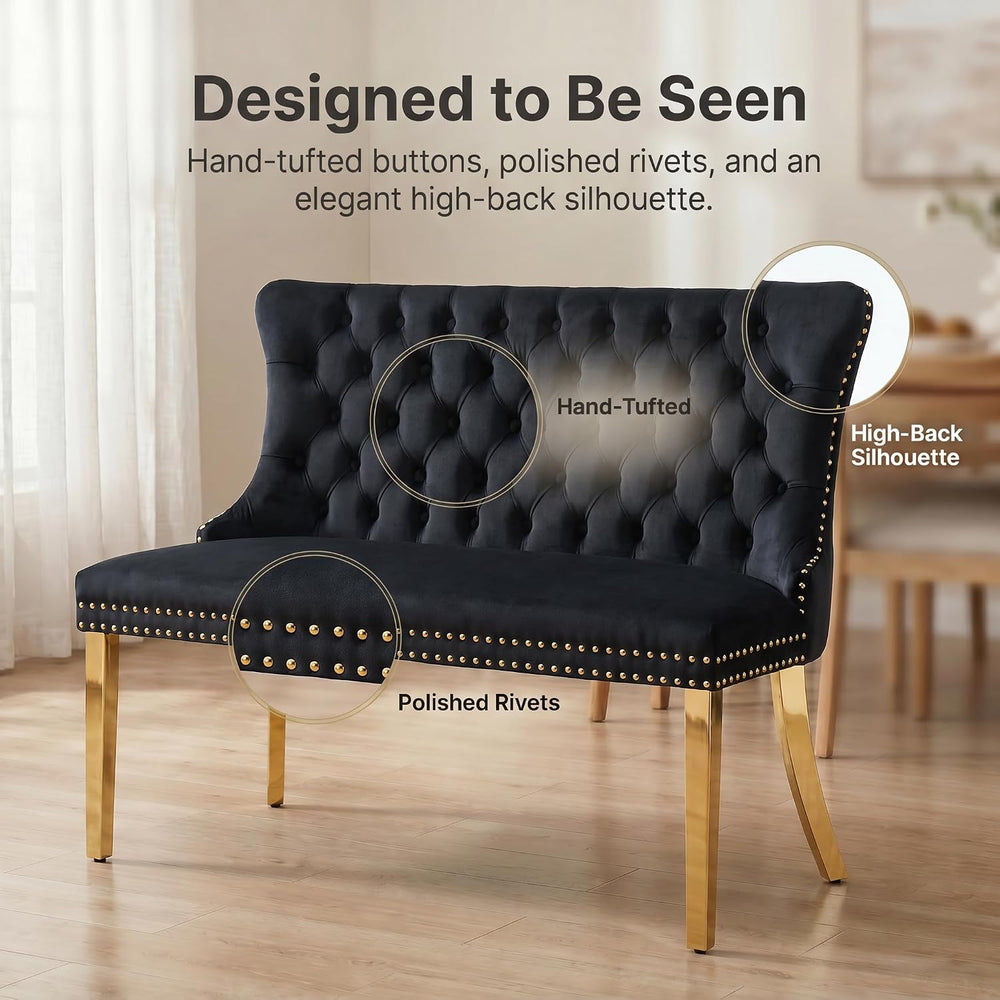 Upholstered Dining Bench with Back, Black, Gold Finish Steel Legs | Tufted Lo...