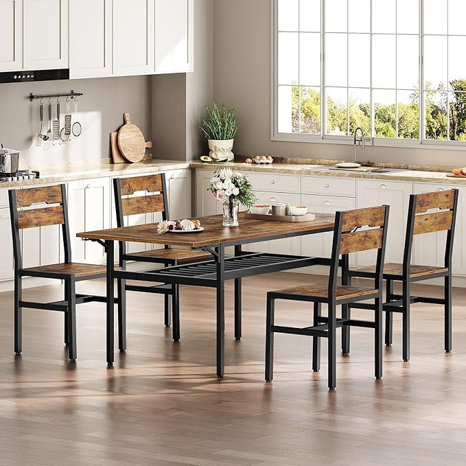 Dining Chairs Set of 4, Rustic Wooden Kitchen Chairs with Backrests and Metal Frame, Modern Farmhouse Dinner Chairs for Kitchen, Easy Assembly, Living Room, Dining Room, Rustic Brown and Black