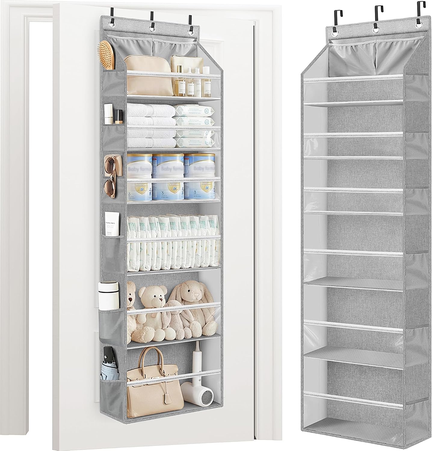 STORAGE MANIAC Over the Door Organizer 6-Shelf Closet Hanging Storage with 14 Mesh Pockets, 66lbs Capacity Clear Deep Pockets Behind Door Storage for Nursery, Bathroom, Bedroom, 1 Pack Grey