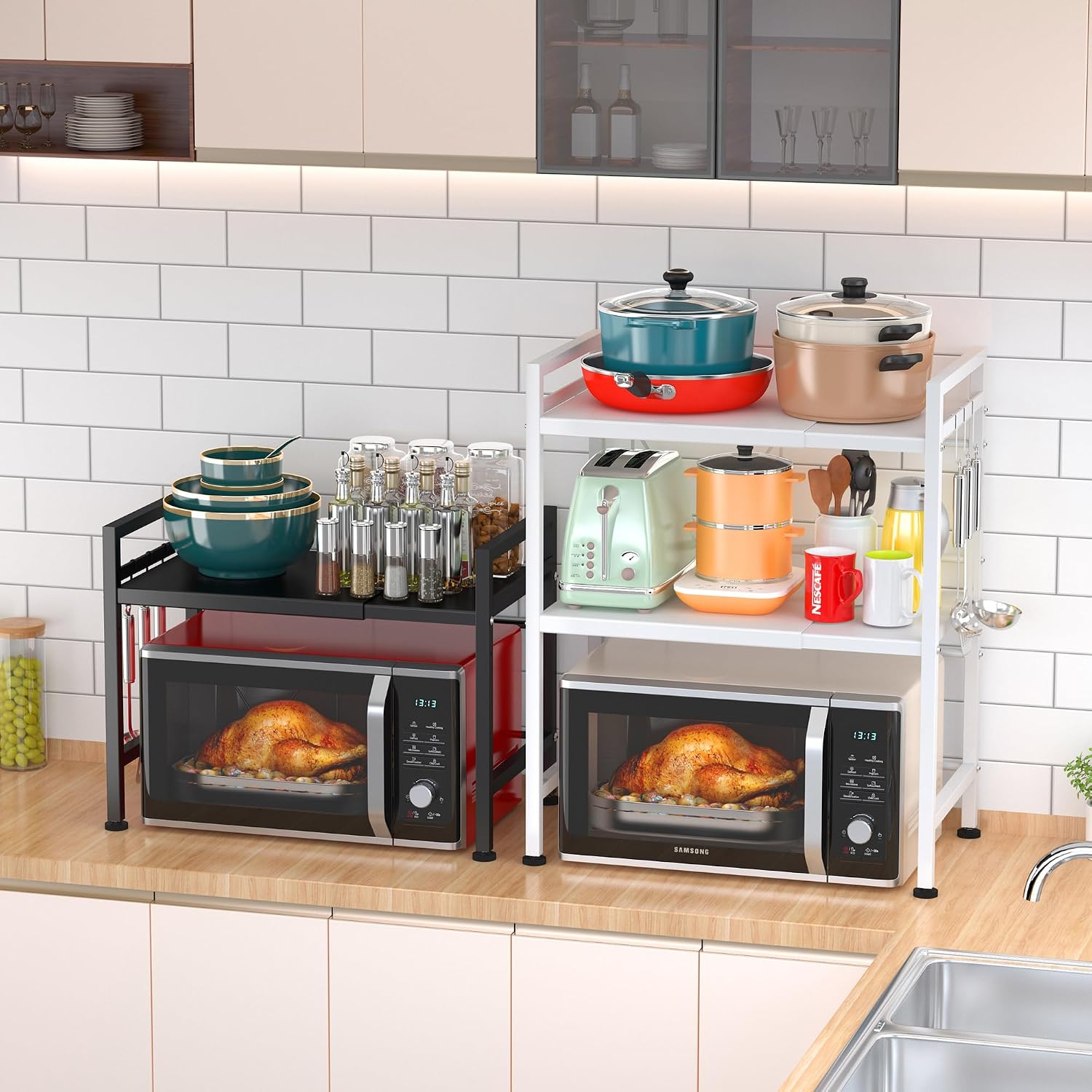 PUSDON Textured Black Microwave Oven Rack, Expandable 2-Tier Kitchen Countertop Organizer, Heavy Duty Carbon Steel Stand with 3 Hooks, Adjustable Height & Length