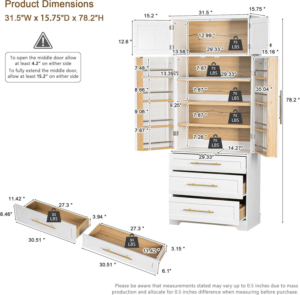 Virubi 78.2" Tall Farmhouse Kitchen Pantry Cabinet with 8 Door Shelves, ...