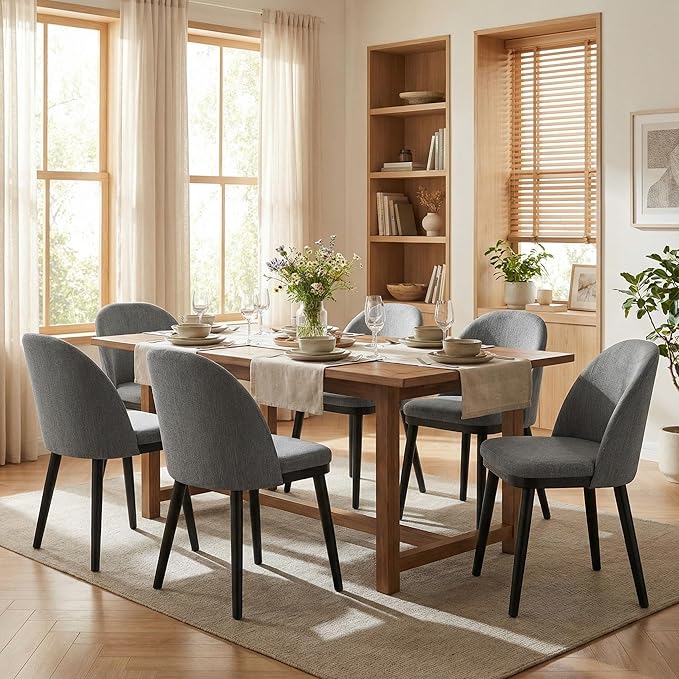 Wooden Dining Chairs Set of 6,Upholstered Kitchen Dining Room Chairs with Curved Backrest and Wood Leg,Modern Fabric Farmhouse Dinner Chair for Restaurant/Cafe,Grey