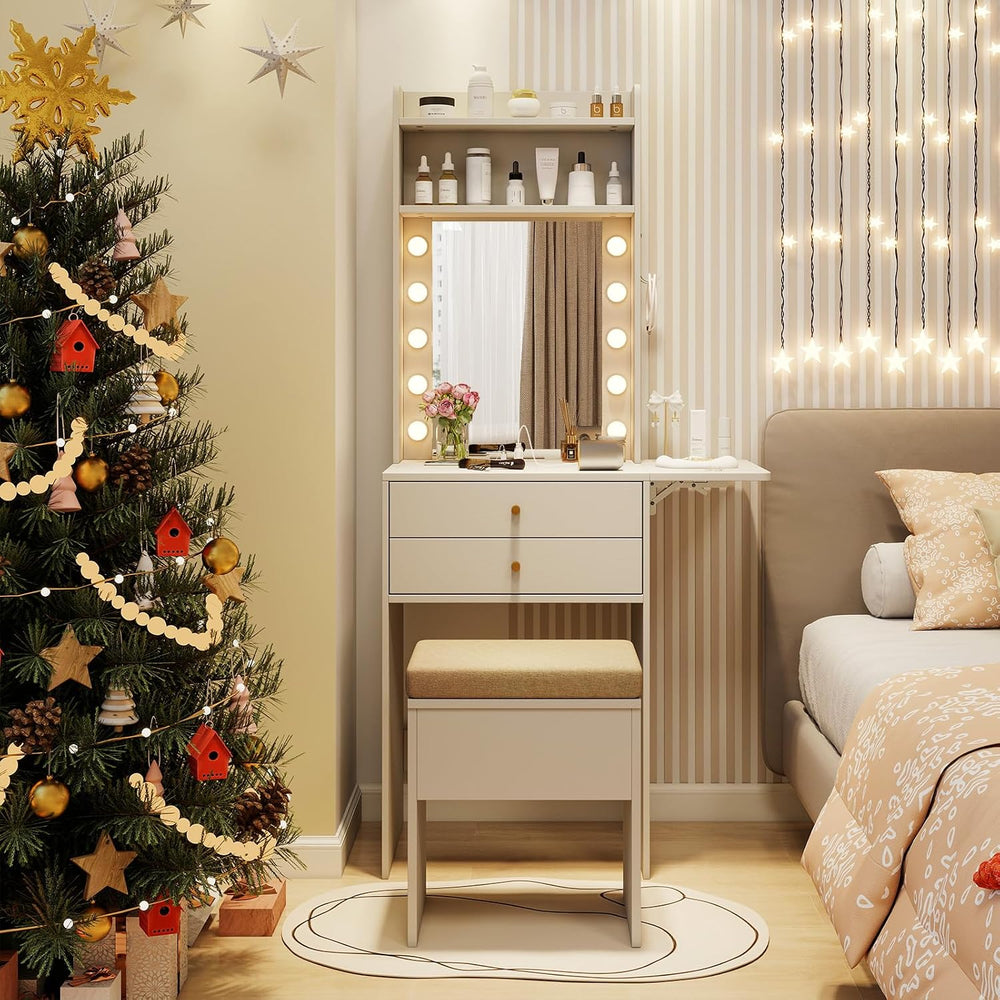 COSTWAY Vanity Desk with Mirror and Lights, Narrow Dressing Table with Foldab...