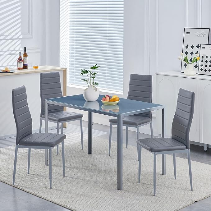 PU Dining Chairs Set of 4, Modern Kitchen & Dining Room Chairs Faux Leather Upholstered Dinner Chairs with Metal Legs for Small Space (Could Gray, Horizontal line)