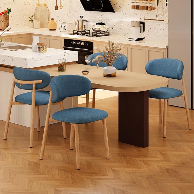 Kitchen Dining Chairs Set of 4 Modern Soft Linen Farmhouse Dining Room Chair with Metal Legs, Blue/Original