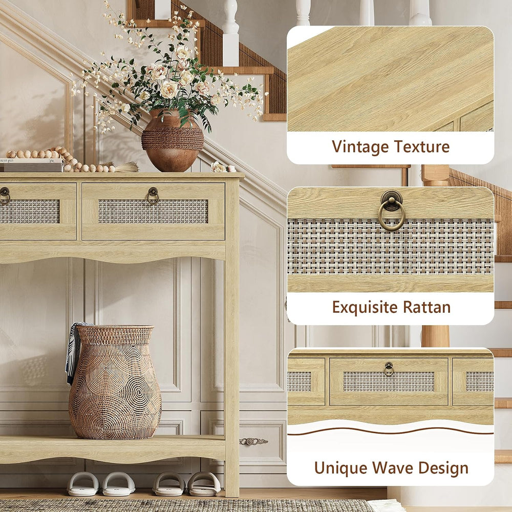 LAZZO 47.3" Rattan Console Table with Wavy-Edge, Narrow Long Sofa Table ...