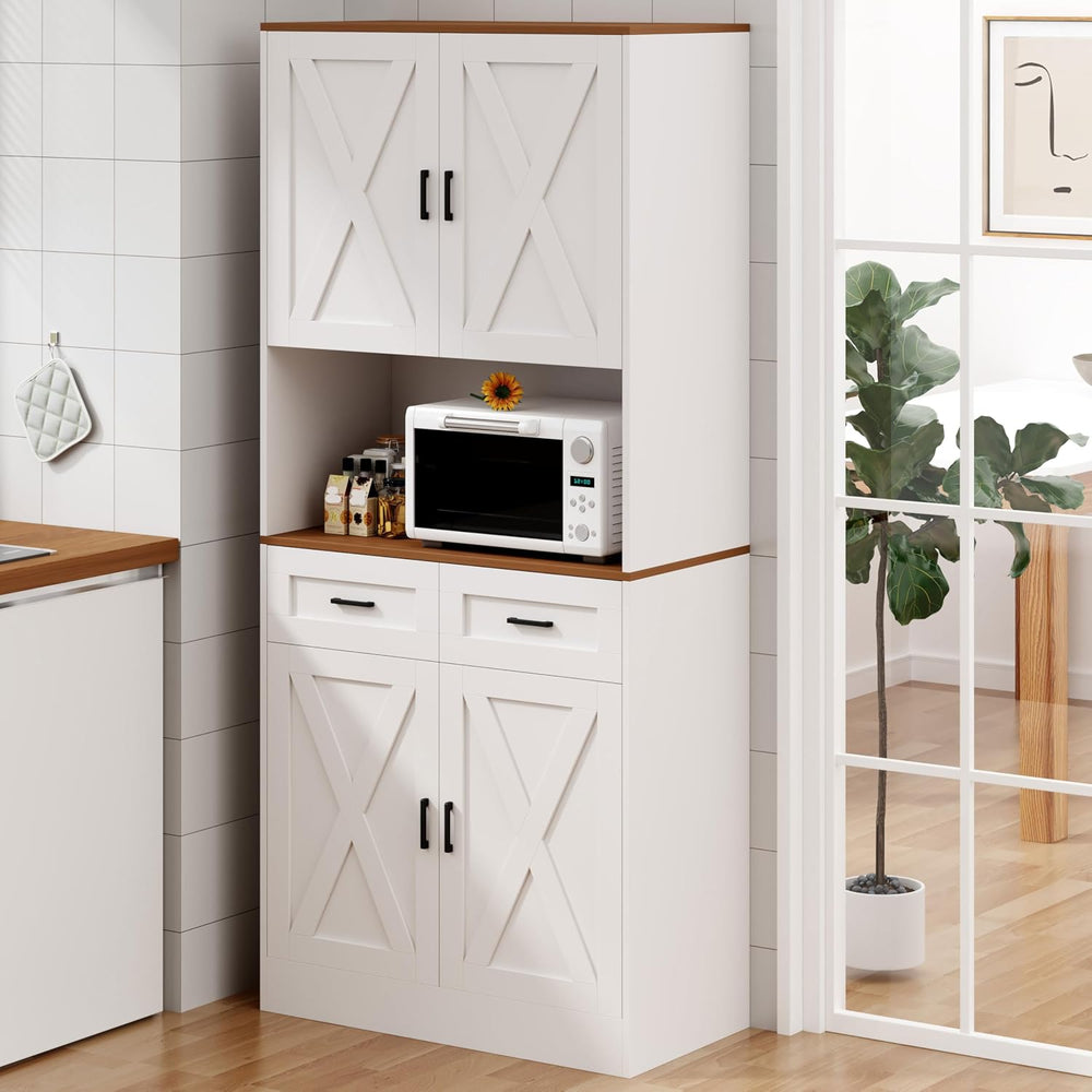 71“ Kitchen Pantry Storage Cabinet, Kitchen Hutch with Microwave Stand and Ad...