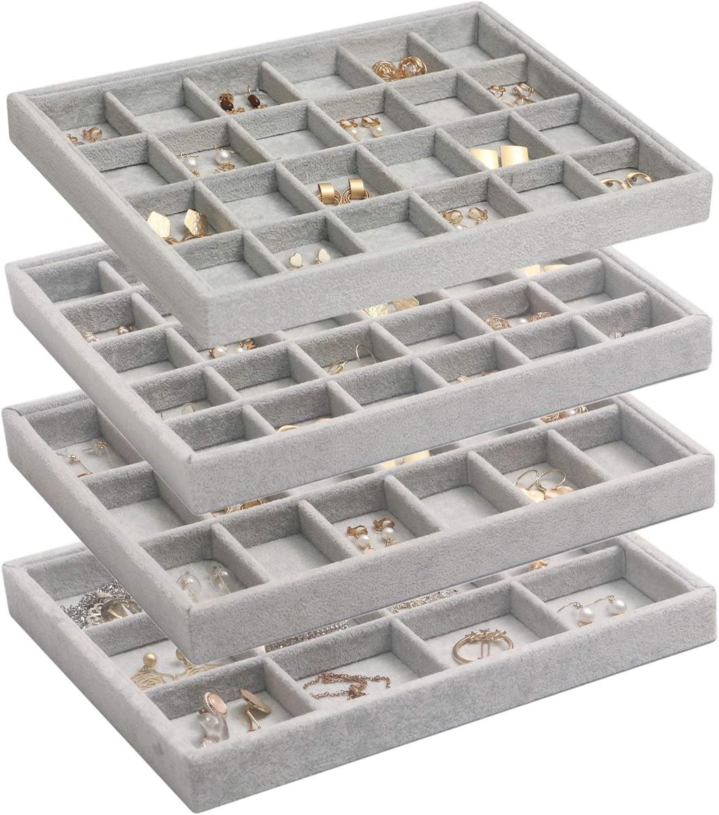DIOMMELL Set of 4 Stackable Velvet Jewelry Trays Organizer, Jewelry Display Storage Box Showcase Holder Dresser Drawer Organizer for Earring Necklace Bracelet Ring Accessary, Grey
