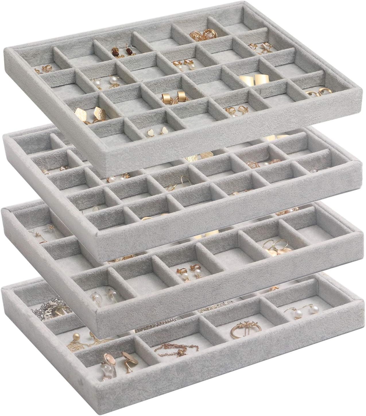 DIOMMELL Set of 4 Stackable Velvet Jewelry Trays Organizer, Jewelry Display Storage Box Showcase Holder Dresser Drawer Organizer for Earring Necklace Bracelet Ring Accessary, Grey
