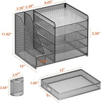 Marbrasse 5-Tier Paper Letter Tray Organizer with Drawer and Pen Holder, Mesh Desktop Organizer and Storage with Magazine Holder for Office Supplies (Grey)