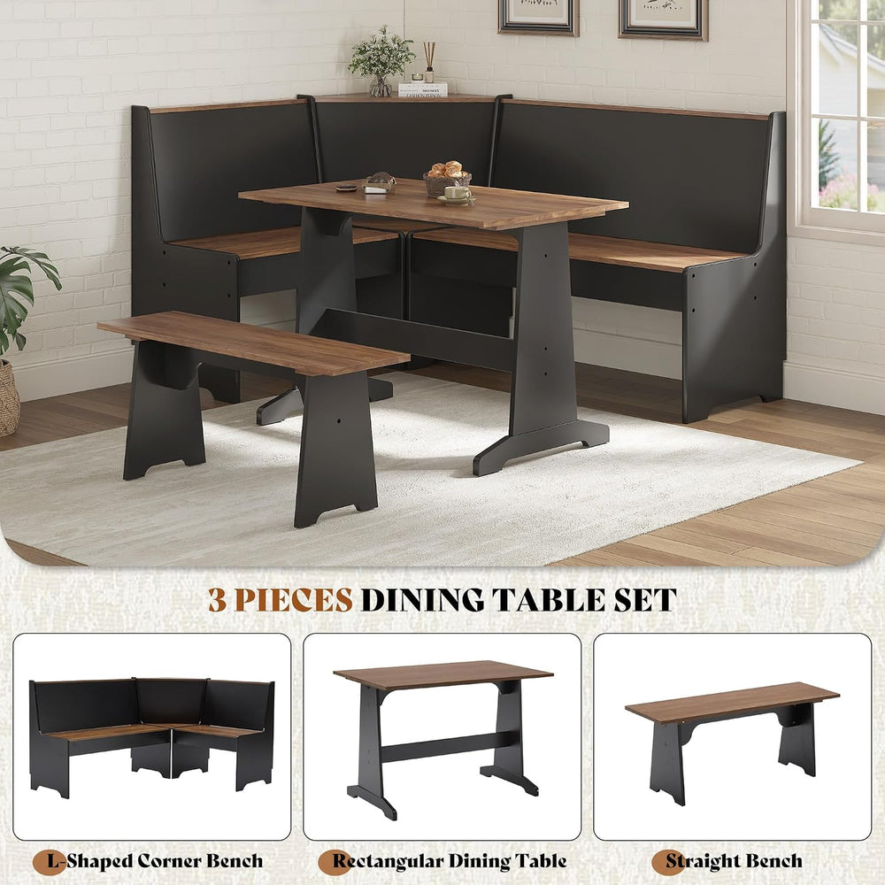 LUXOAK 3-Piece Corner Dining Set with Hidden Storage, Black Oak | Breakfast N...