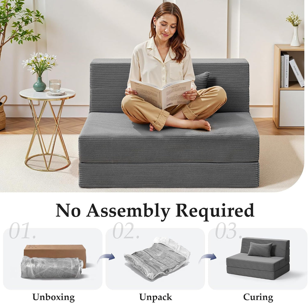 Youzi Folding Sofa Bed Convertible Sleeper Chair with Pillow, 4-in-1 Foldable Mattress Futon Couch Bed to Lounge Chair for Living Room, Bedroom, Dorm & Guest, Washable Cover, Dark Gray, Single