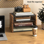 3-Tier Paper Letter Tray, Wooden Desk File Organizer, Stackable Metal Mesh Desk Organizer for Office Supplies. Small Paper Trays for Home Office School, Rustic Brown