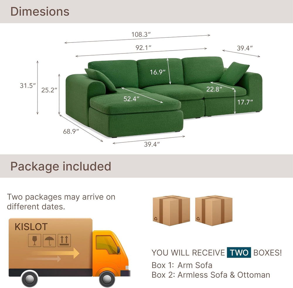 KISLOT 108" Cloud Couch,Sectional No Assembly Required,Modular Sofa with...
