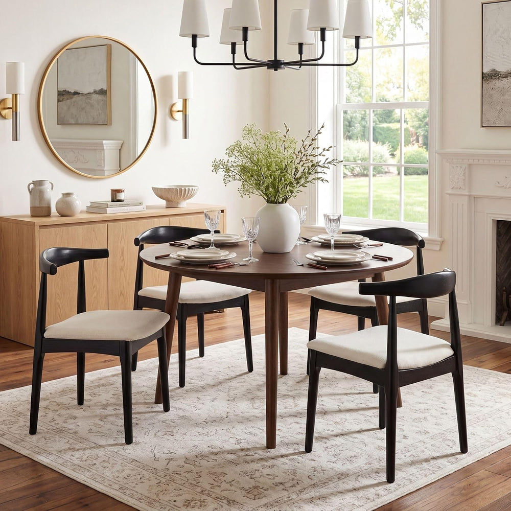 ROCITY Black Dining Chairs Set of 2 Wood Kitchen Chairs with Linen Fabric Cus...