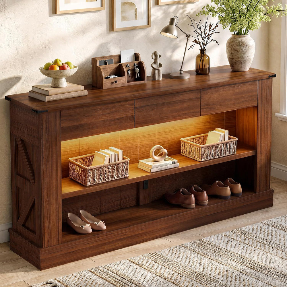 Miereirl 63" Console Table with Drawers & LED Light, Farmhouse, Waln...