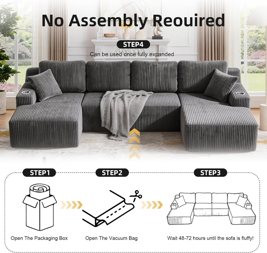 130" U-Shaped Modular Sectional Sofa with Chaise | Boneless Corduroy Flexible Module Seating for Living Room, Cloud Couch with Cup Holders and Side Pockets, No Assembly (Grey)