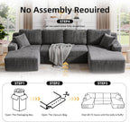 130" U-Shaped Modular Sectional Sofa with Chaise | Boneless Corduroy Flexible Module Seating for Living Room, Cloud Couch with Cup Holders and Side Pockets, No Assembly (Grey)