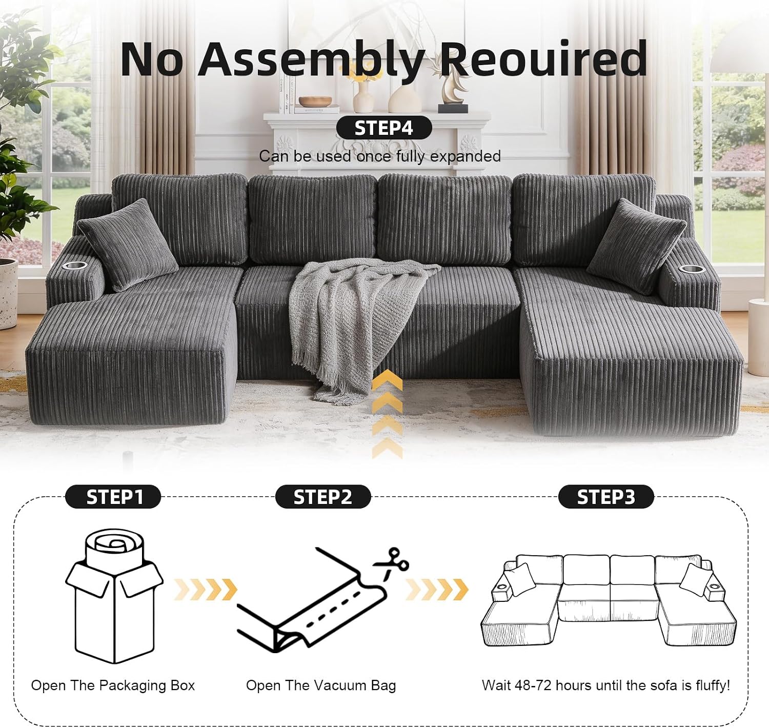 130" U-Shaped Modular Sectional Sofa with Chaise | Boneless Corduroy Flexible Module Seating for Living Room, Cloud Couch with Cup Holders and Side Pockets, No Assembly (Grey)