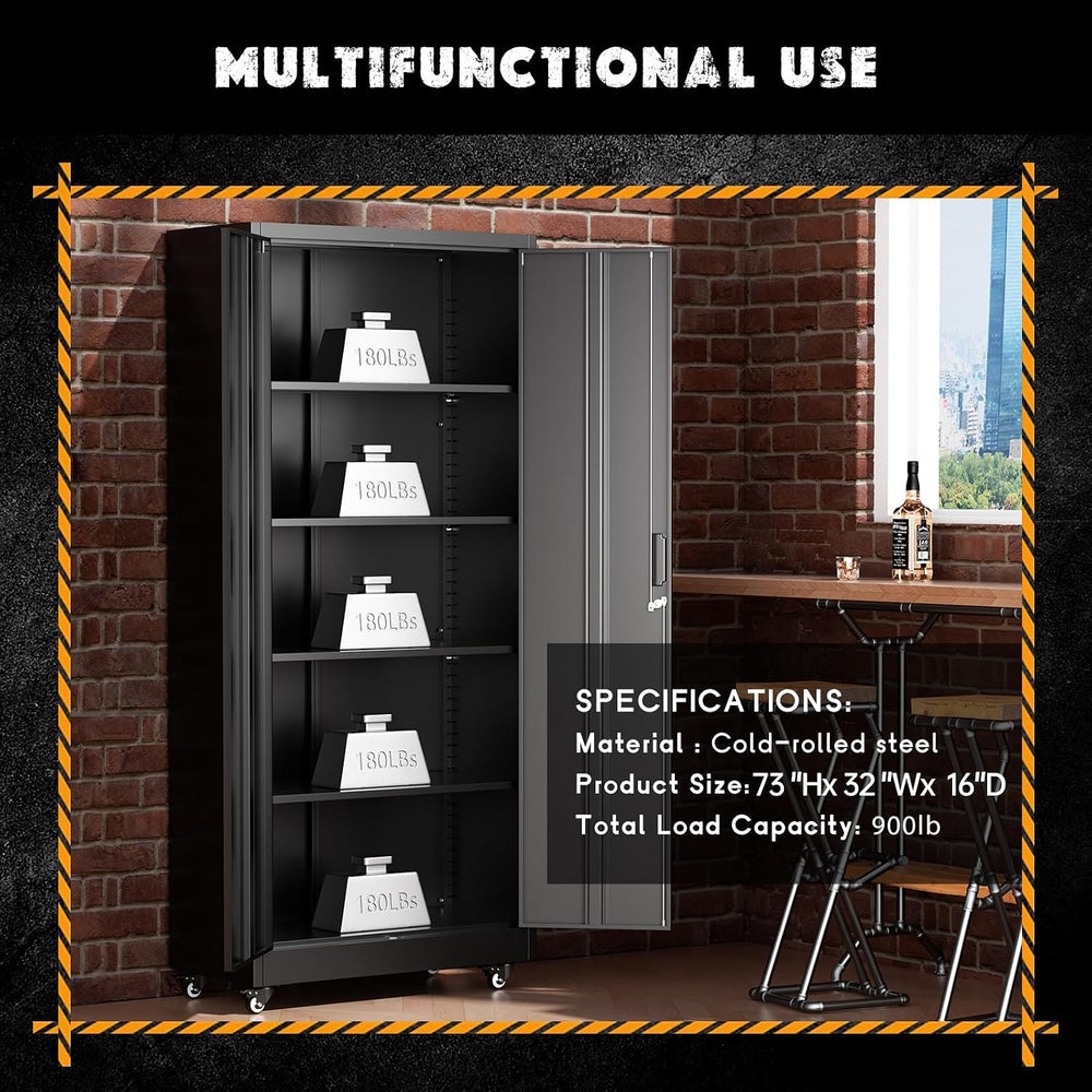Greenvelly 73" Metal Garage Storage Cabinet with Wheels, Black Lockable ...