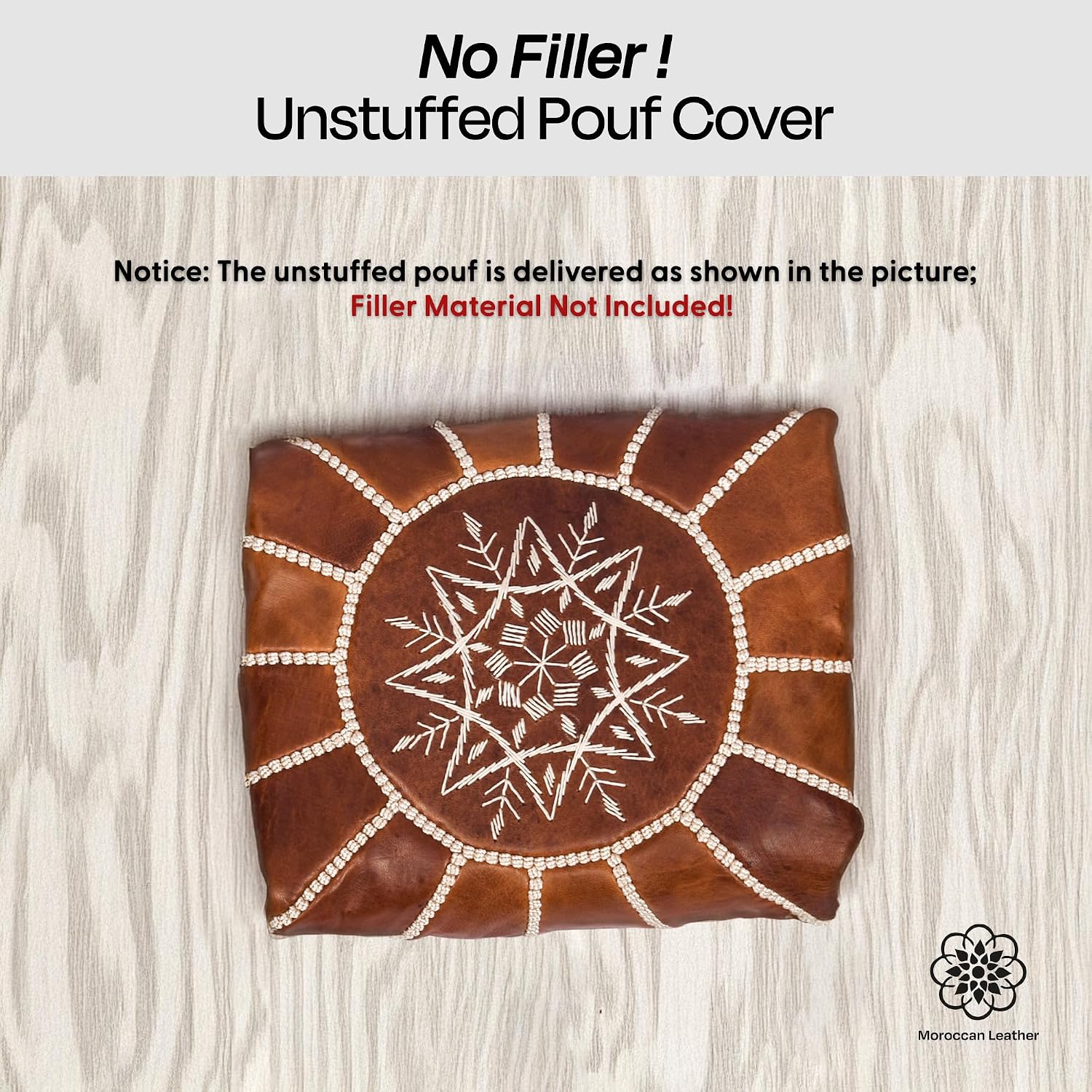 Moroccan Leather Handmade Pouf Ottoman Cover, Unstuffed Foot Stool, Round Boho Footrest for Living Room, Bedroom, Home Decor Gift (Dark Tan By White)