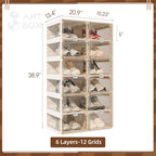ANTBOX Foldable Shoe Rack,Shoe Organizers for Closet Plastic Shoe Storage Box For Entryway,Living Room,Large Sturdy Stackable Sneaker Cabinet Bins With Magnetic Clear Door 6 Tiers 12 Pairs