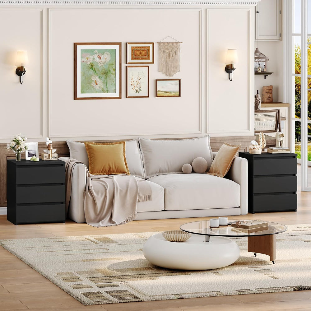 FOTOSOK Nightstands Set of 2, Black Nightstand with 3 Drawers for Bedroom | B...