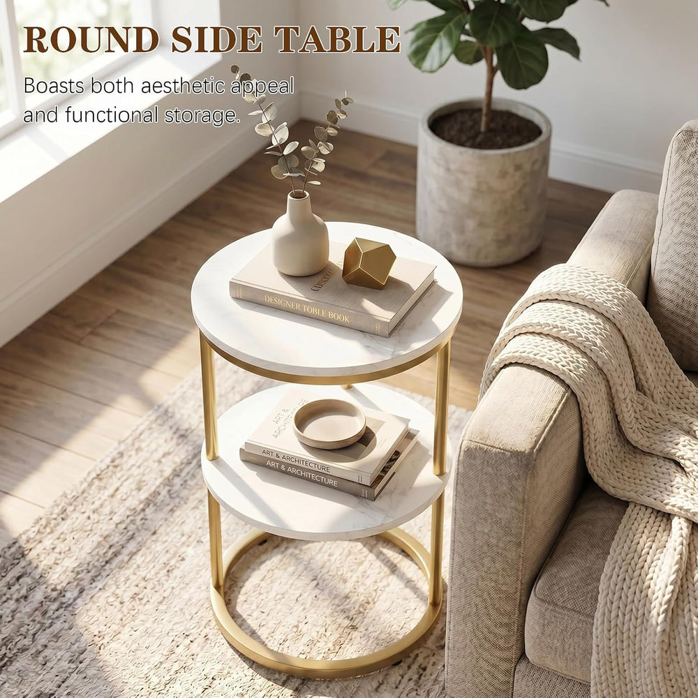 C Shaped end Table,2 Tier Wood Round Side Table for Couch,Small Sofa Table wi...